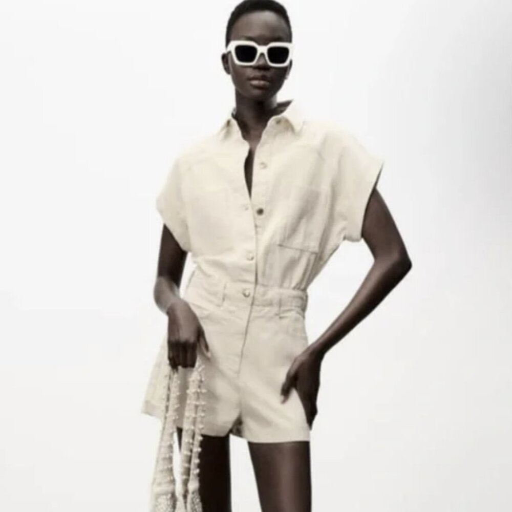 Zara Short Denim Romper in Cream Size Small